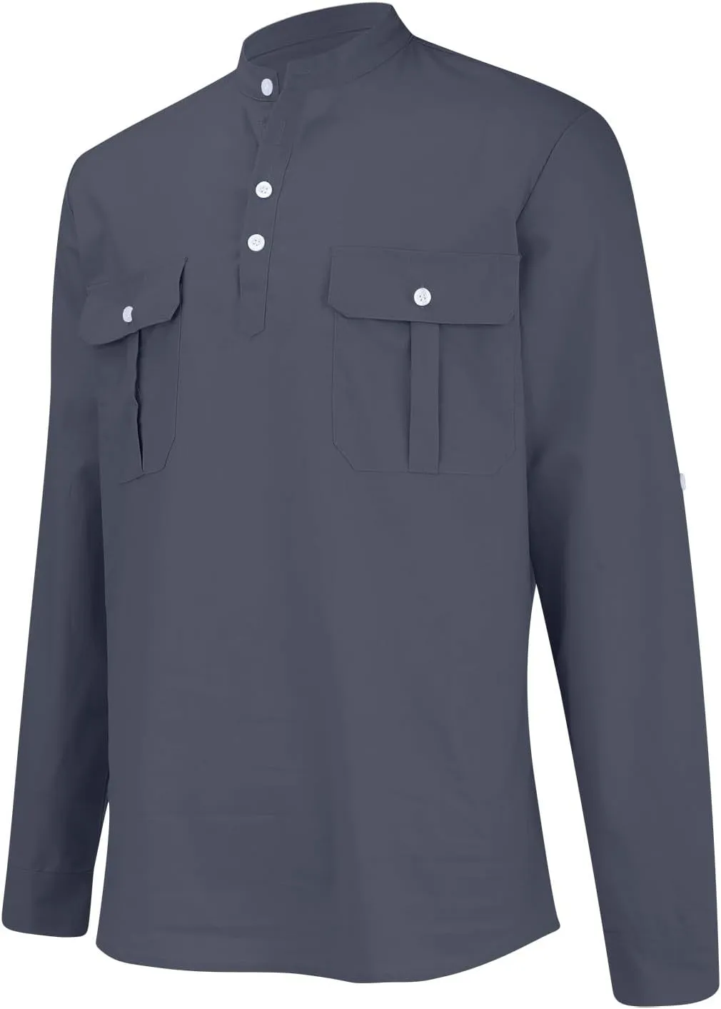 Cotton Linen Cargo Shirts Mens Long Sleeve Buttons V-Neck Henley Overshirt Lightweight Hiking Camping Fishing Shirts