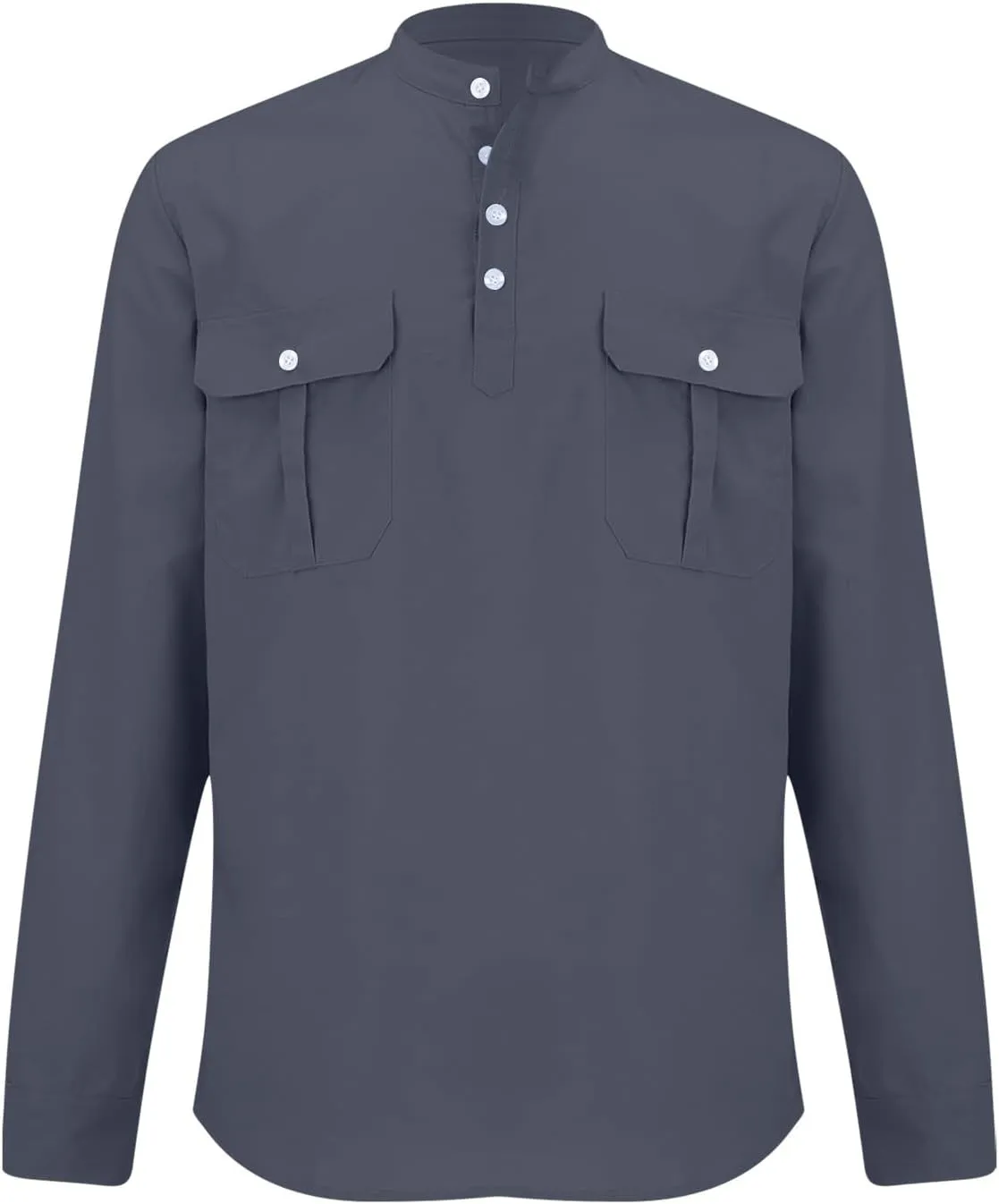 Cotton Linen Cargo Shirts Mens Long Sleeve Buttons V-Neck Henley Overshirt Lightweight Hiking Camping Fishing Shirts