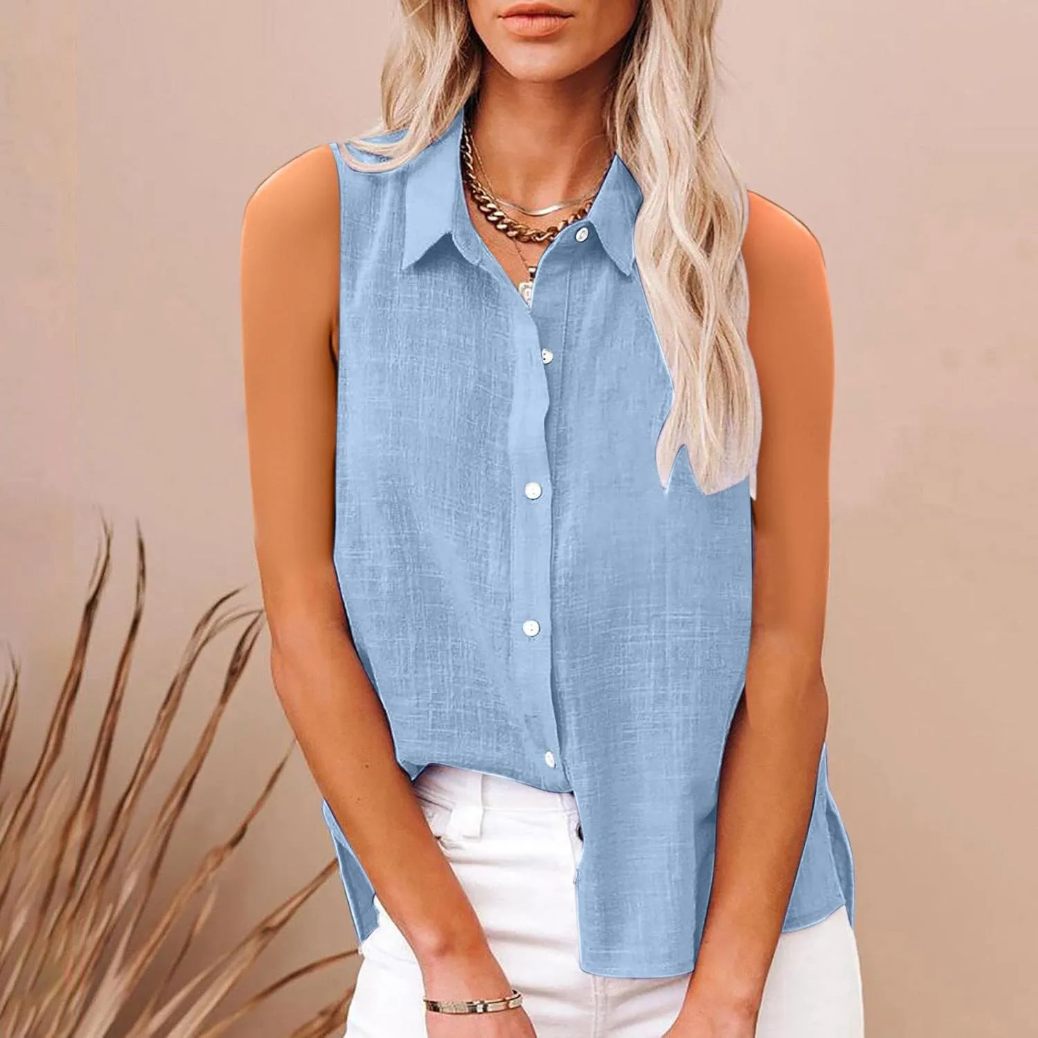 Cotton Linen Shirts for Women Sleeveless Collared Tops Oversized Button Up Blouses Work Shirts Casual Summer Tshirt