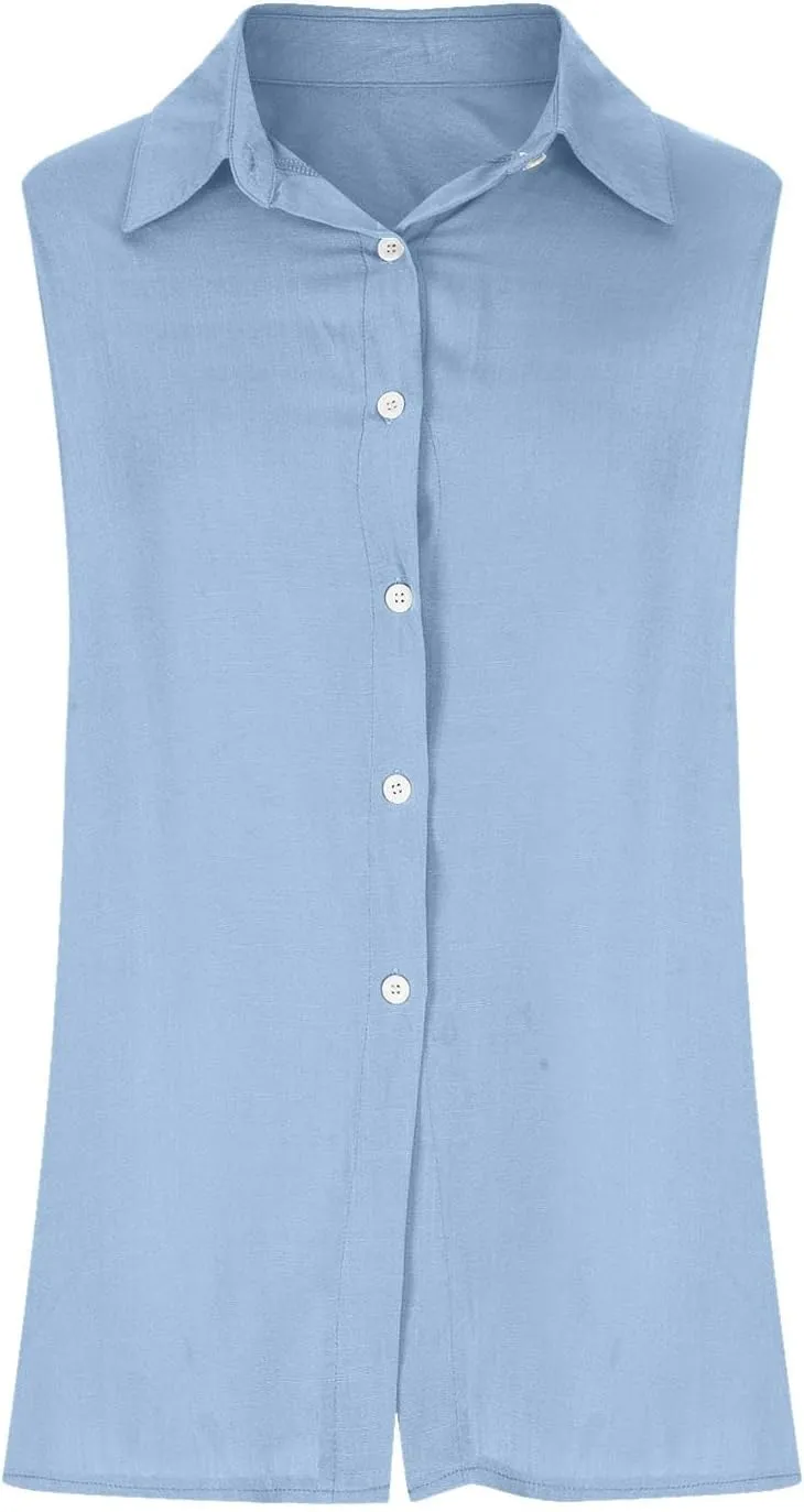 Cotton Linen Shirts for Women Sleeveless Collared Tops Oversized Button Up Blouses Work Shirts Casual Summer Tshirt