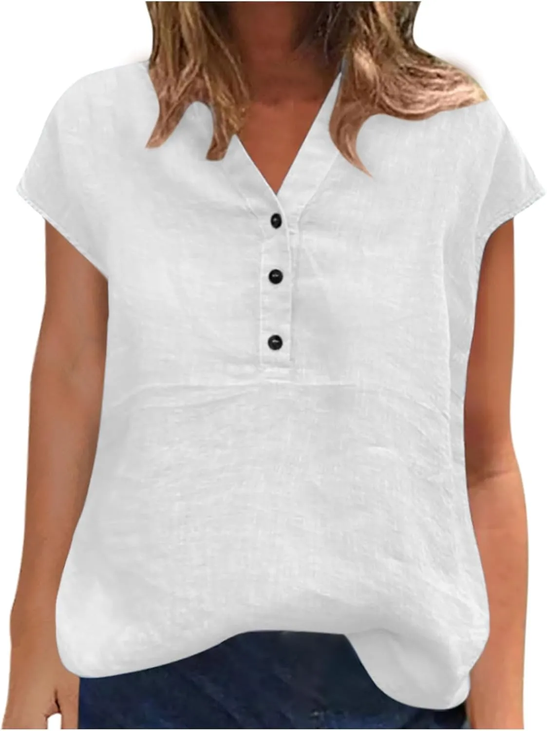 Cotton Linen Shirts for Women Summer Cap Sleeve Casual Lounge Tops Henley Button V Neck Lightweight Tunic Blouse