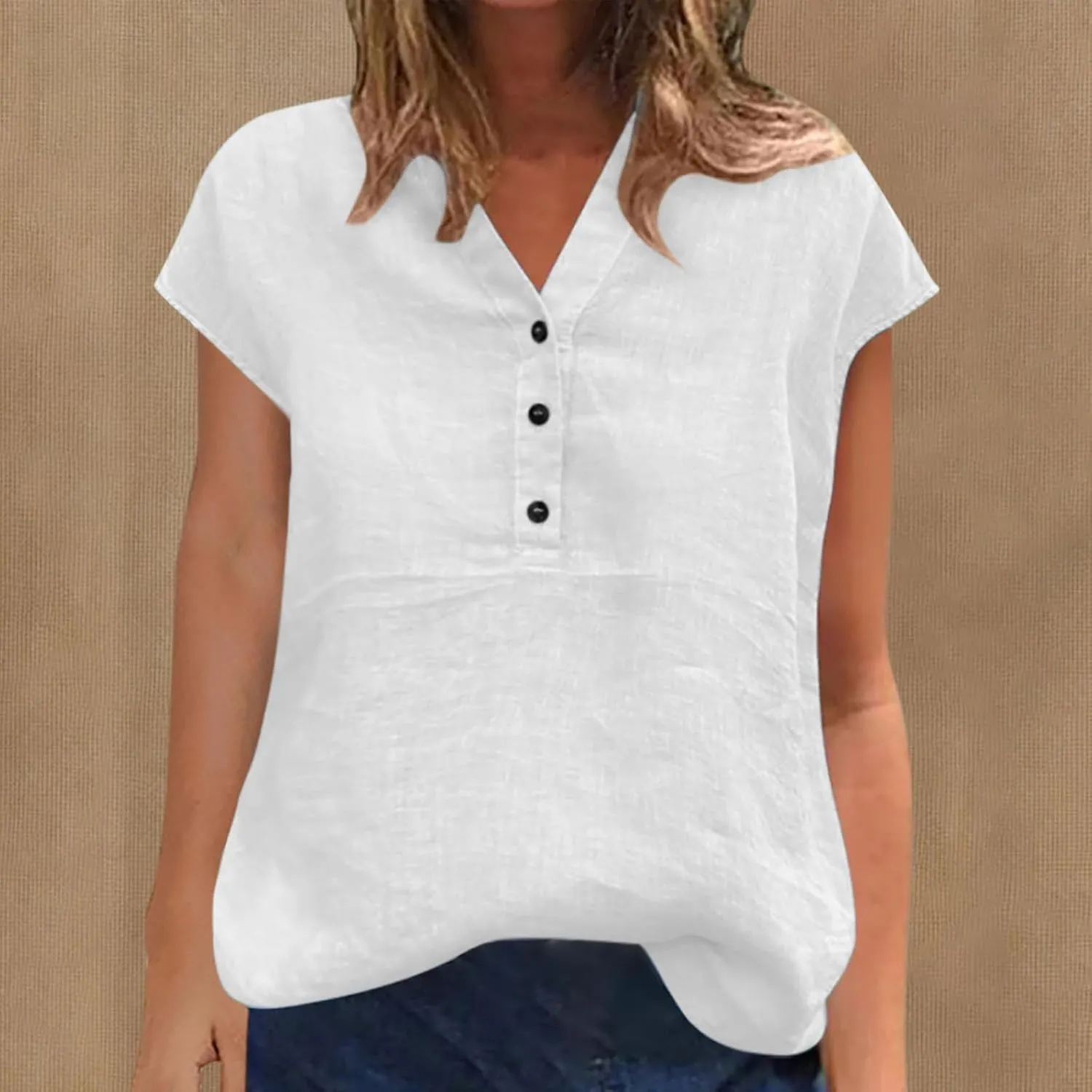 Cotton Linen Shirts for Women Summer Cap Sleeve Casual Lounge Tops Henley Button V Neck Lightweight Tunic Blouse