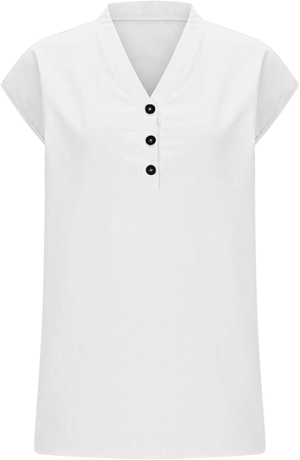 Cotton Linen Shirts for Women Summer Cap Sleeve Casual Lounge Tops Henley Button V Neck Lightweight Tunic Blouse