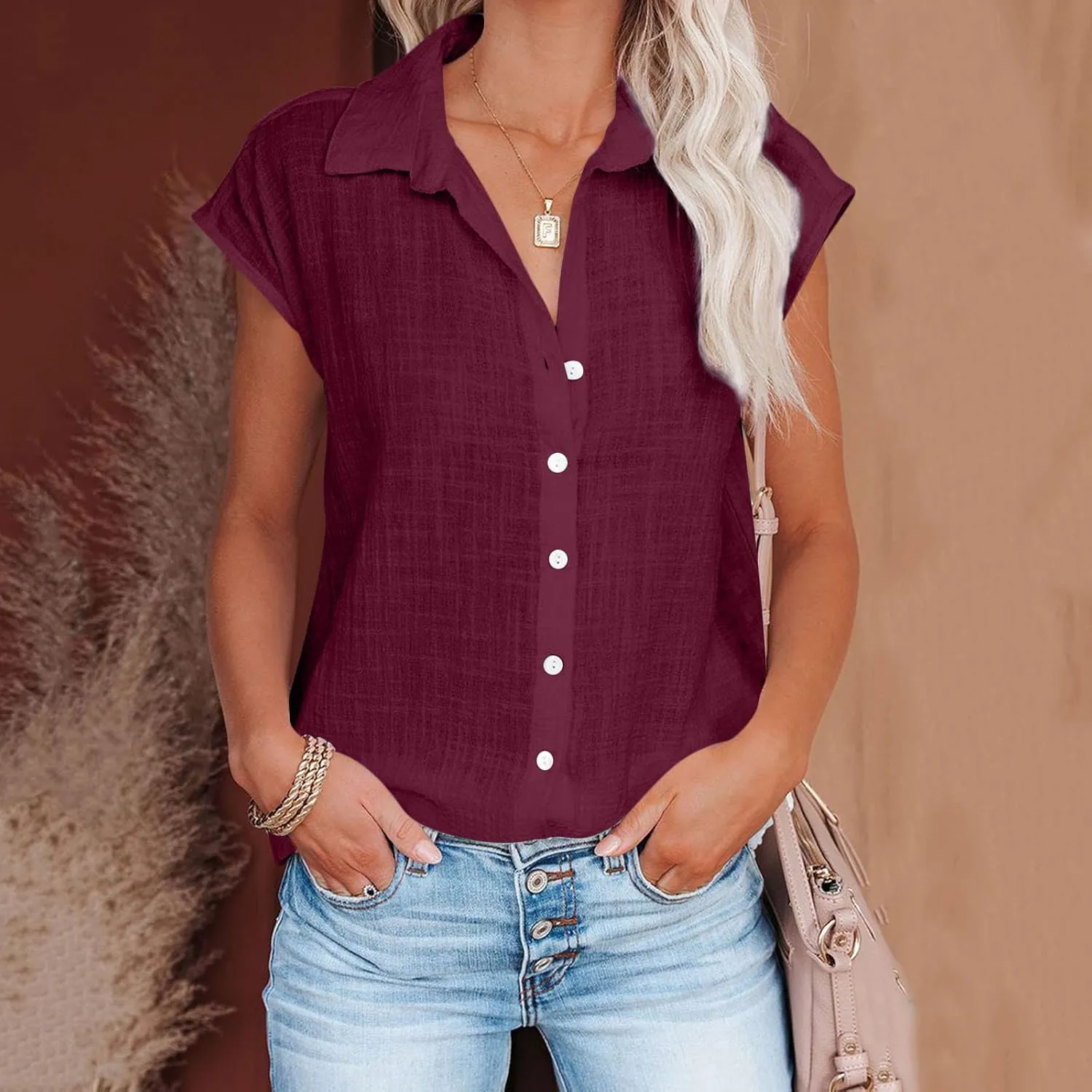 Cotton Linen Shirts for Women Trendy 2024 Casual Loose Cap Sleeve Button Down Tops Business Office Work Blouses