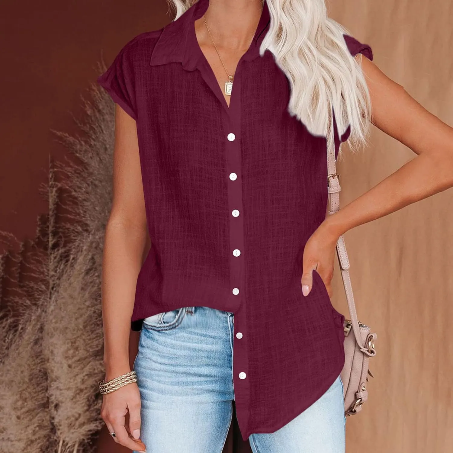Cotton Linen Shirts for Women Trendy 2024 Casual Loose Cap Sleeve Button Down Tops Business Office Work Blouses