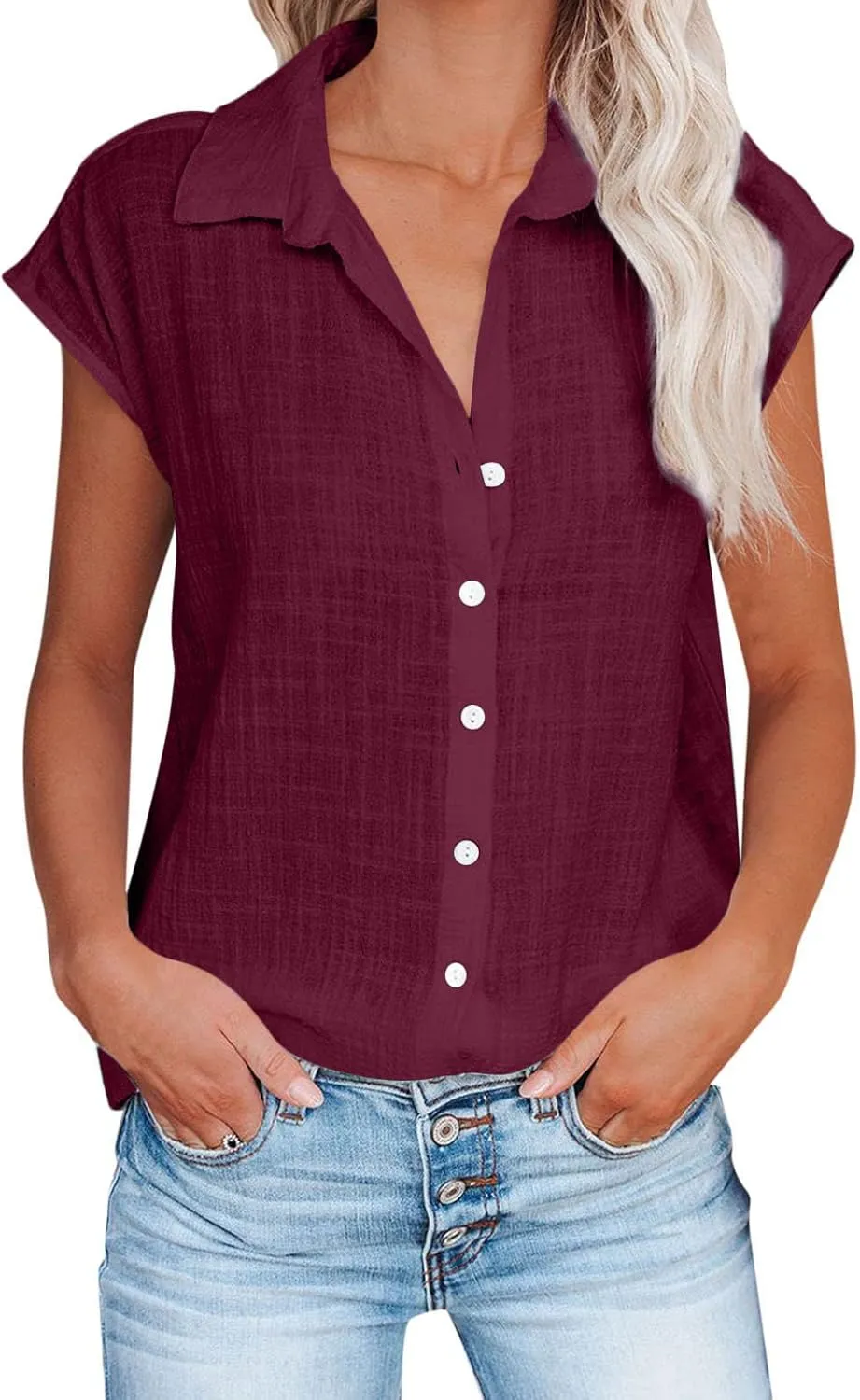 Cotton Linen Shirts for Women Trendy 2024 Casual Loose Cap Sleeve Button Down Tops Business Office Work Blouses