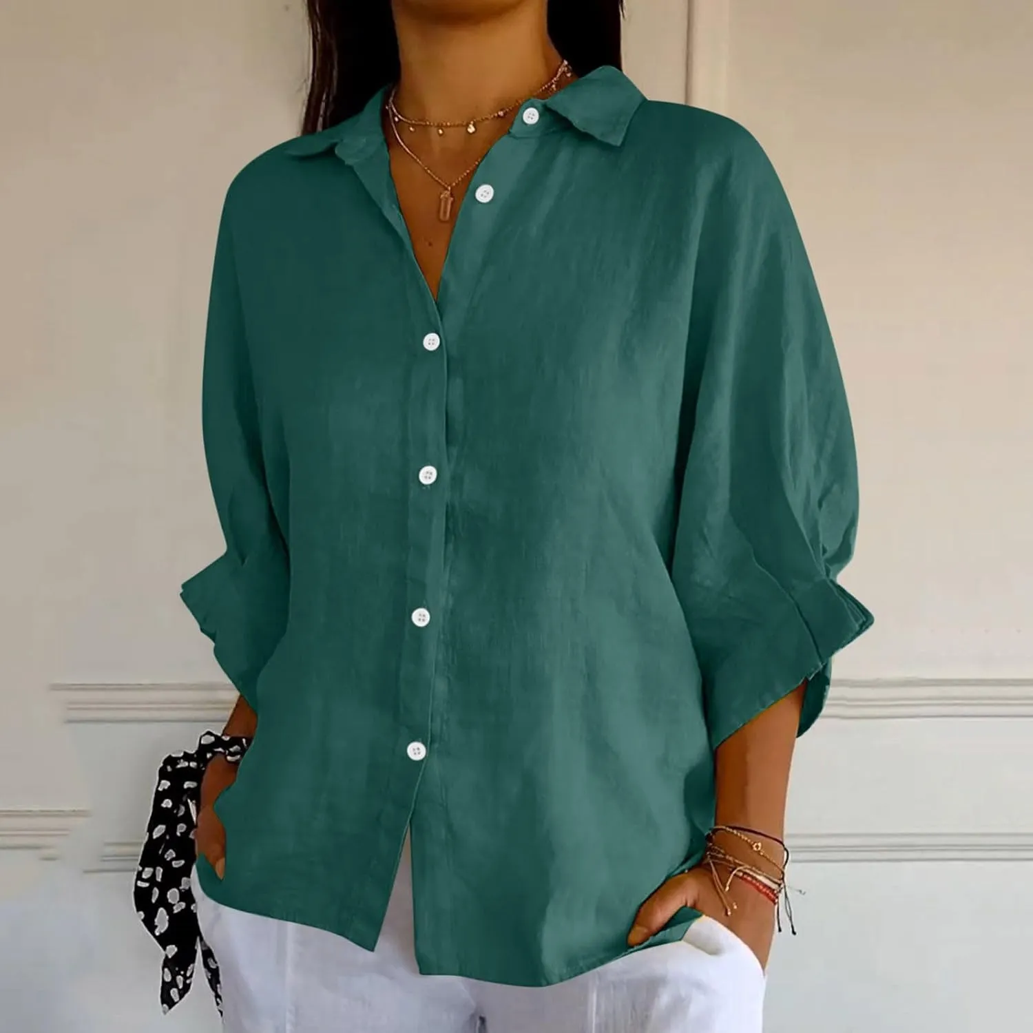 Cotton Linen Shirts for Womens Summer Casual Button Down Tops 3/4 Sleeve Classic Collared Loose Blouses Dressy Tees