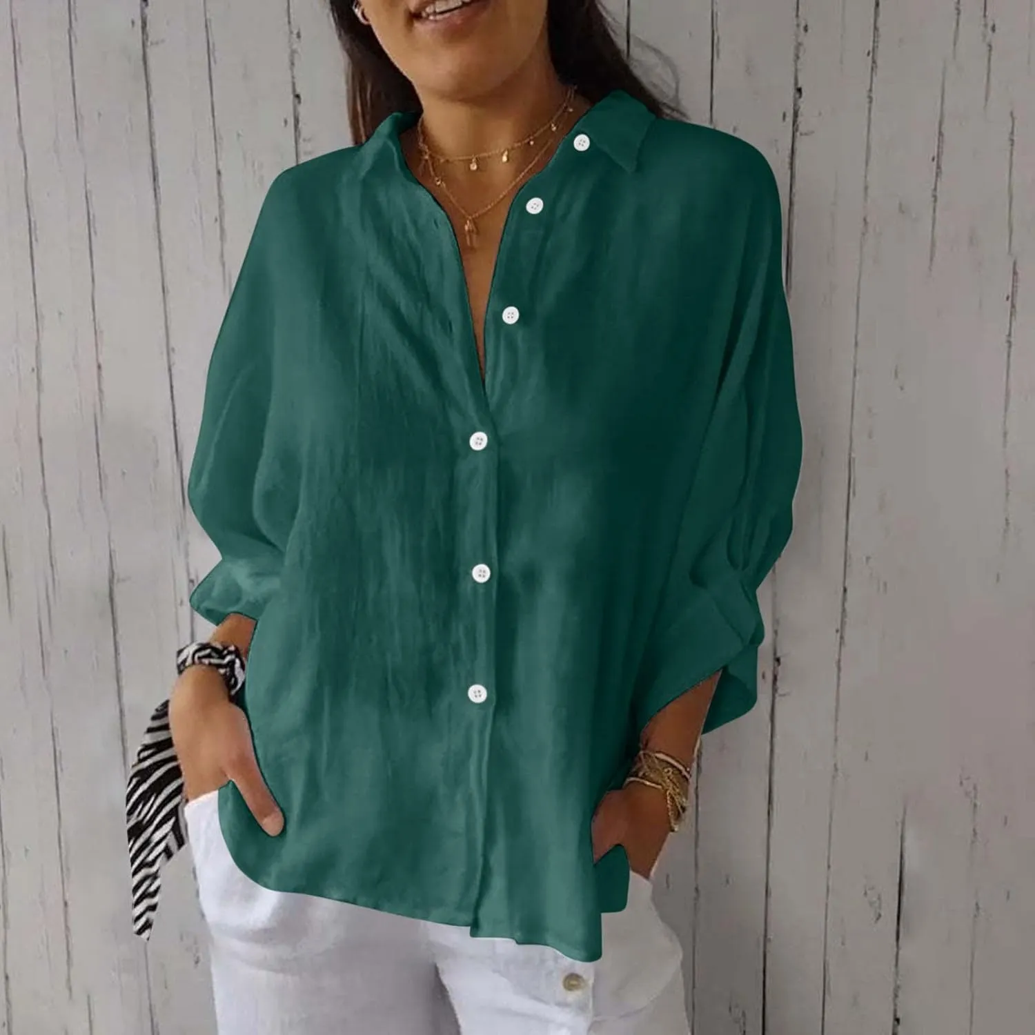 Cotton Linen Shirts for Womens Summer Casual Button Down Tops 3/4 Sleeve Classic Collared Loose Blouses Dressy Tees