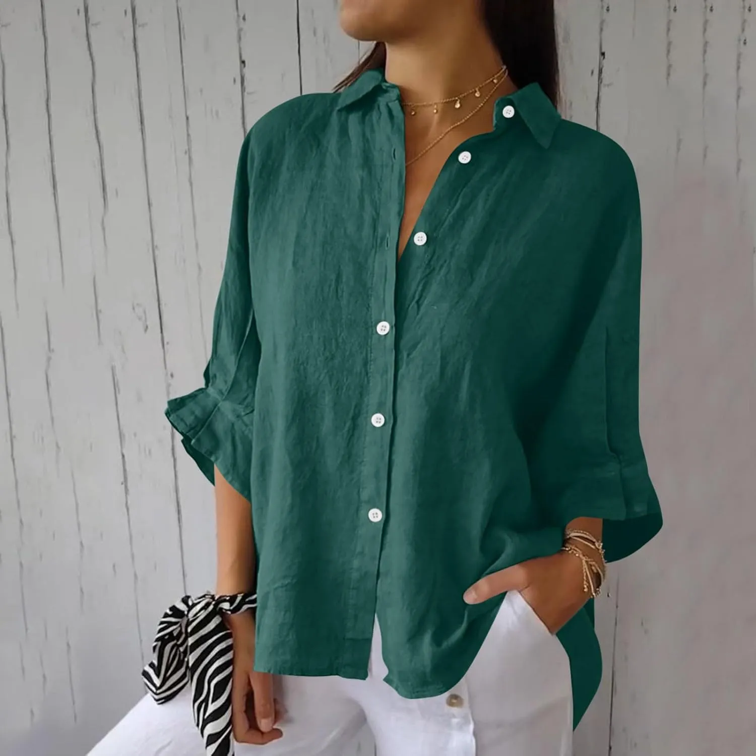Cotton Linen Shirts for Womens Summer Casual Button Down Tops 3/4 Sleeve Classic Collared Loose Blouses Dressy Tees
