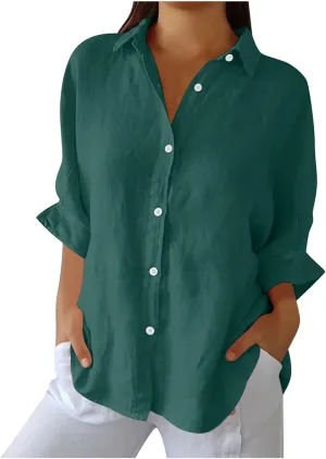 Cotton Linen Shirts for Womens Summer Casual Button Down Tops 3/4 Sleeve Classic Collared Loose Blouses Dressy Tees