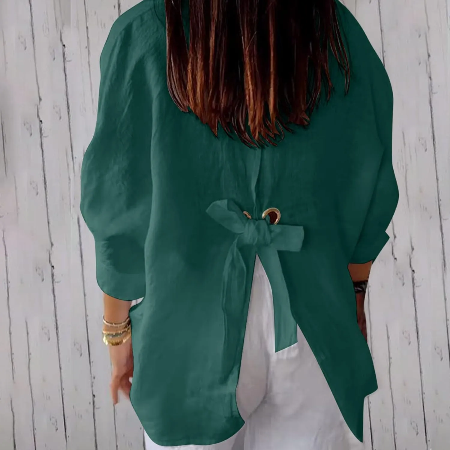 Cotton Linen Shirts for Womens Summer Casual Button Down Tops 3/4 Sleeve Classic Collared Loose Blouses Dressy Tees
