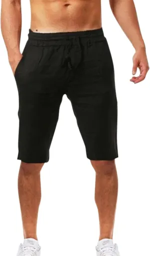 Cotton Linen Shorts for Mens Casual Drawstring Relaxed Fit Cool Lightweight Summer Pants Outing Athletic SweatShorts