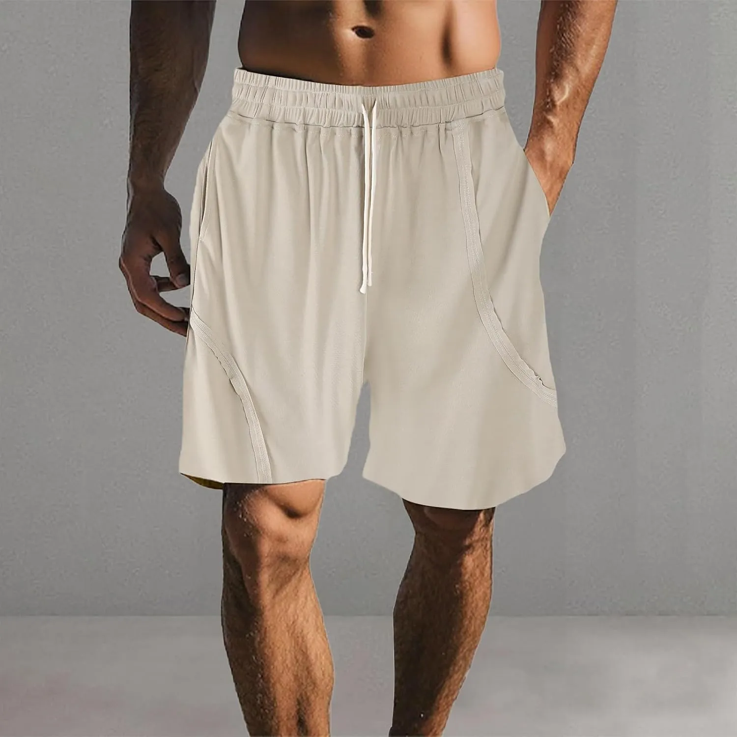 Cotton Linen Shorts for Mens Elastic Waist Drawstring Casual Pants Baggy Breathable Summer Beach Shorts with Pockets