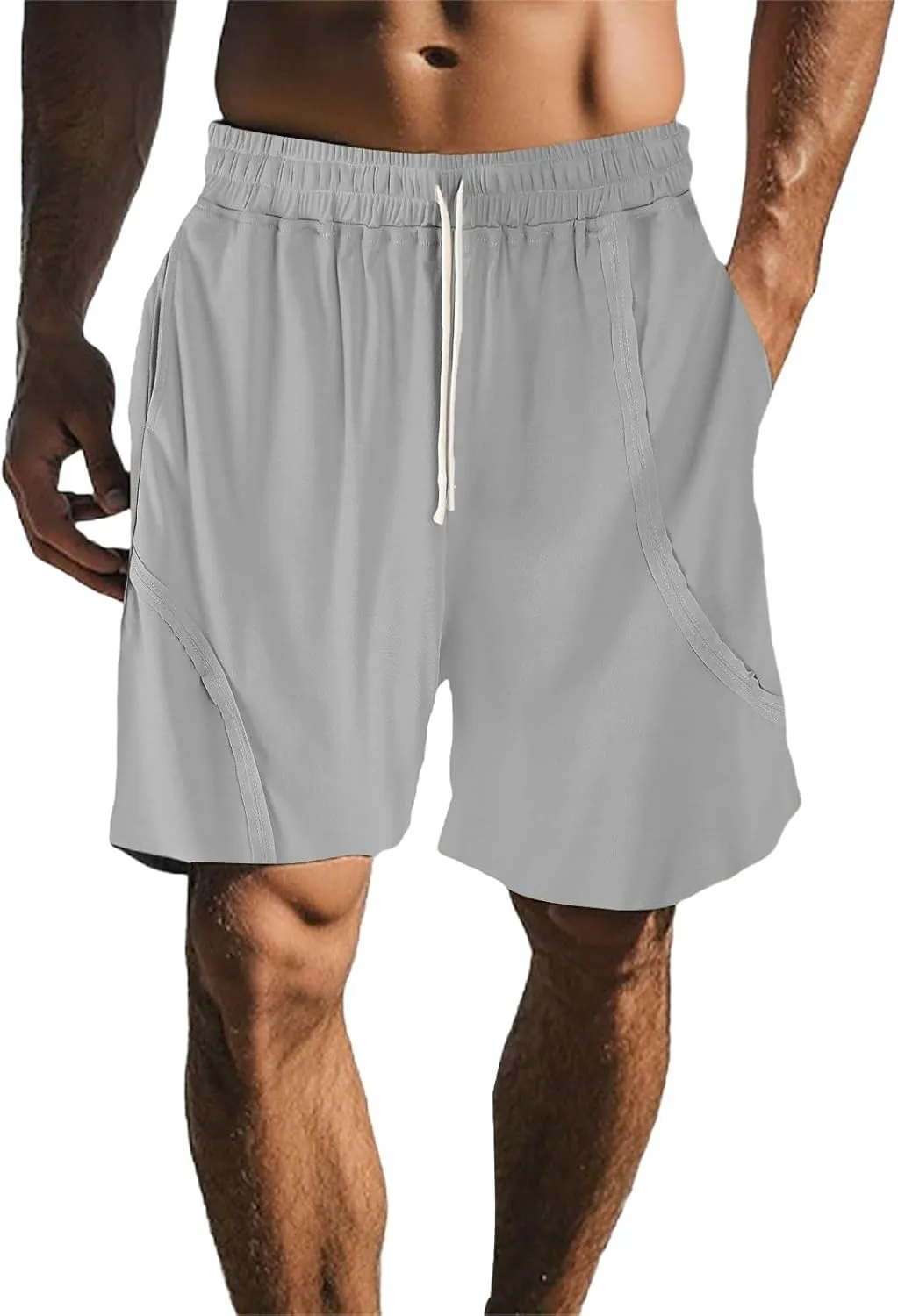 Cotton Linen Shorts for Mens Elastic Waist Drawstring Casual Pants Baggy Breathable Summer Beach Shorts with Pockets