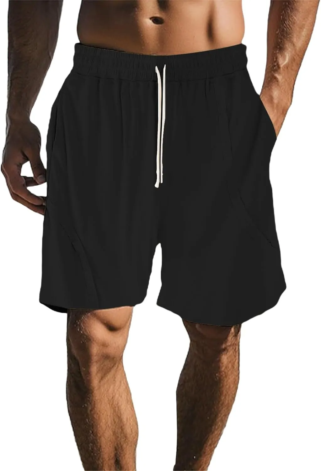 Cotton Linen Shorts for Mens Elastic Waist Drawstring Casual Pants Baggy Breathable Summer Beach Shorts with Pockets