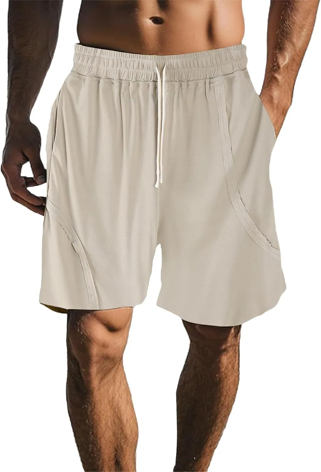 Cotton Linen Shorts for Mens Elastic Waist Drawstring Casual Pants Baggy Breathable Summer Beach Shorts with Pockets