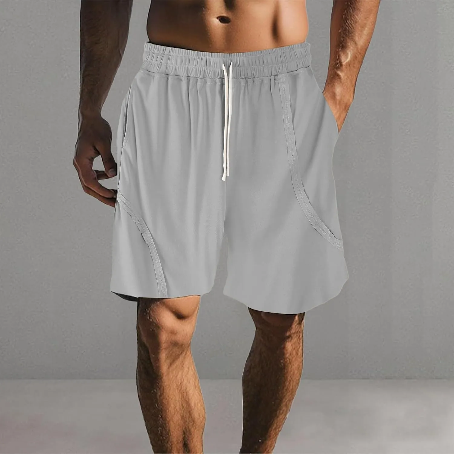 Cotton Linen Shorts for Mens Elastic Waist Drawstring Casual Pants Baggy Breathable Summer Beach Shorts with Pockets