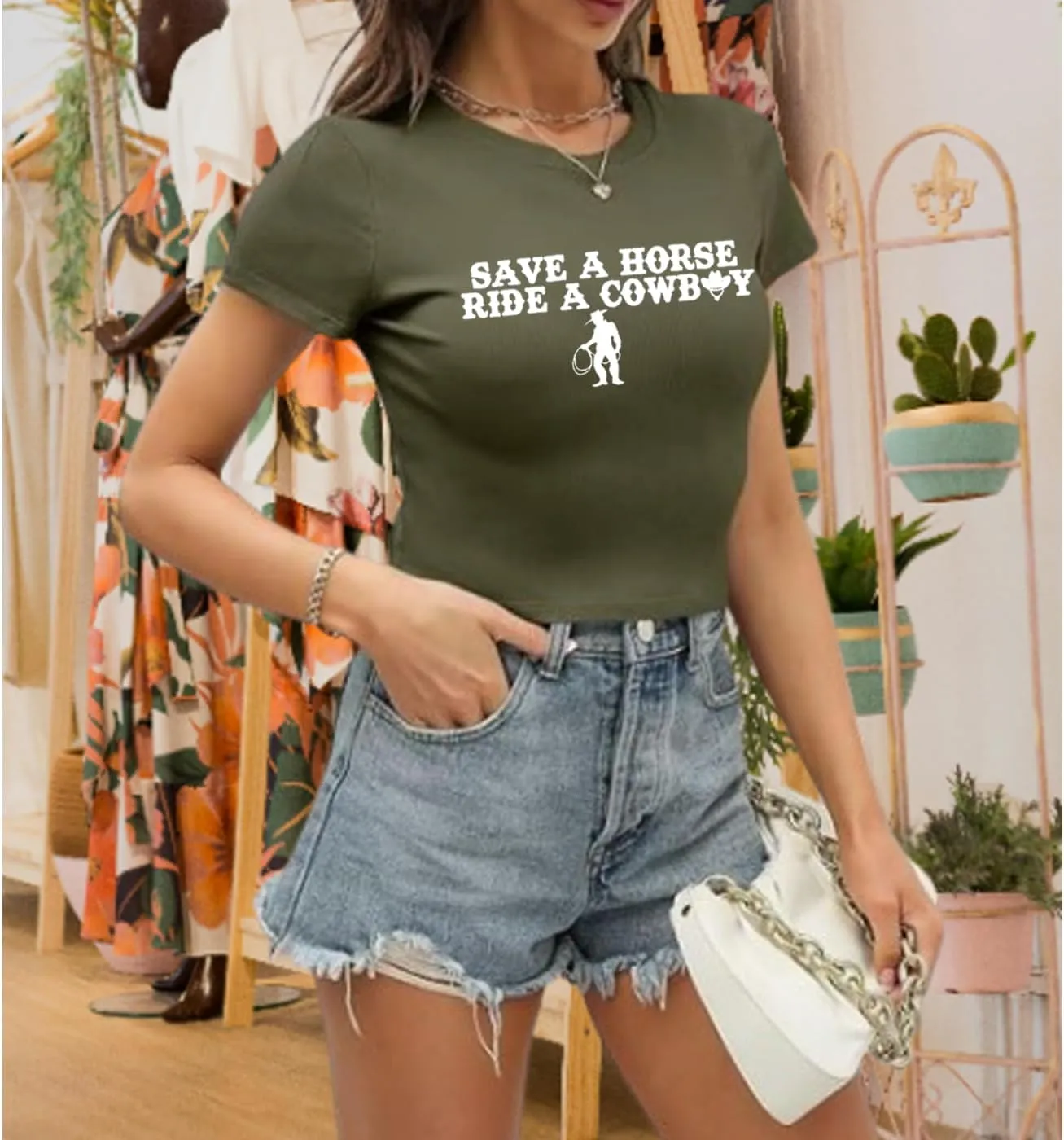Country Concert Tshirt Women Save a Horse Ride a Cowboy Vintage Cowgirl Crop Tops Summer Slim Fitted Shirts