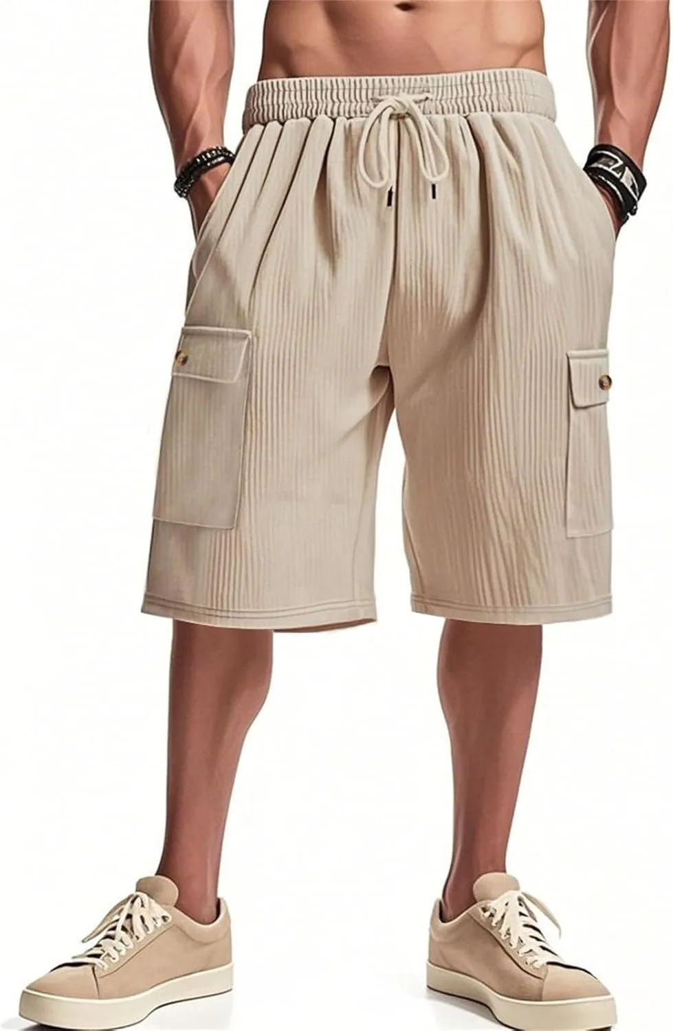 CRNTCEM Mens Corduroy Shorts Drawstring Elastic Waist Lightweight Summer Beach Shorts Loose Athletic Workout Short Pocket