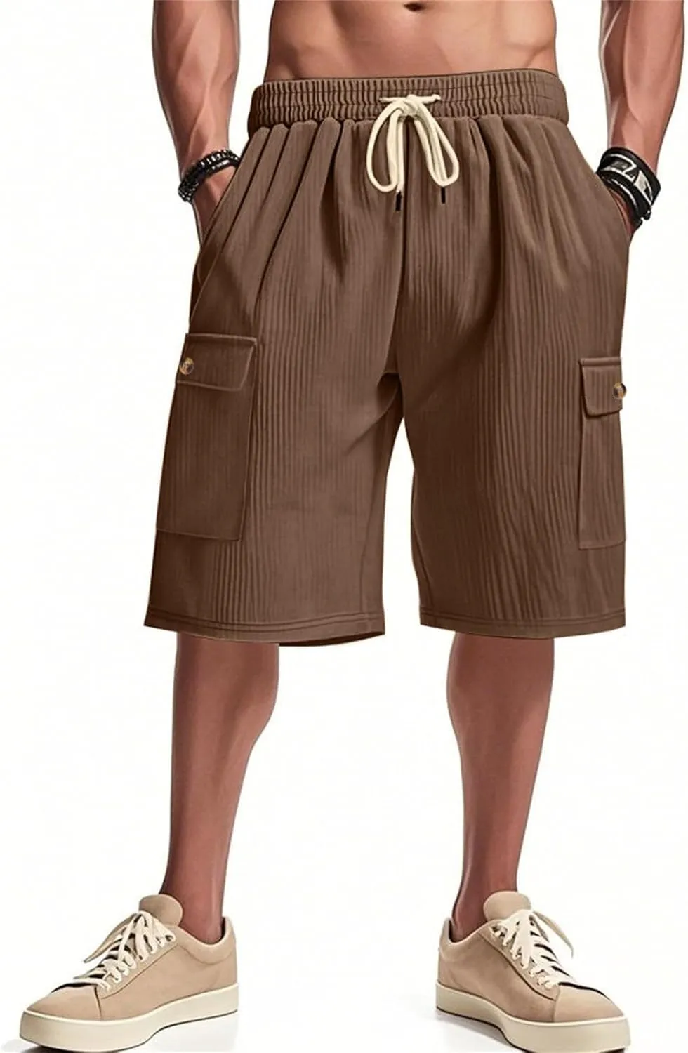 CRNTCEM Mens Corduroy Shorts Drawstring Elastic Waist Lightweight Summer Beach Shorts Loose Athletic Workout Short Pocket