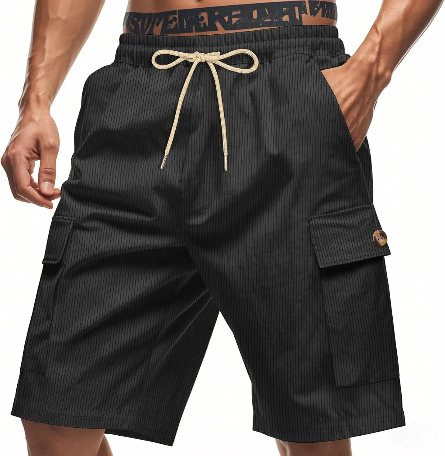 CRNTCEM Mens Corduroy Shorts Drawstring Elastic Waist Lightweight Summer Beach Shorts Loose Athletic Workout Short Pocket
