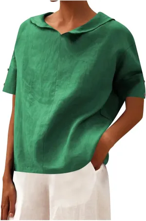 Cute Sailor Collar Cotton Linen T-Shirt Women Button Trim Short Sleeve Casual Tee Tops Summer Lightweight Loose Fit Work Tees