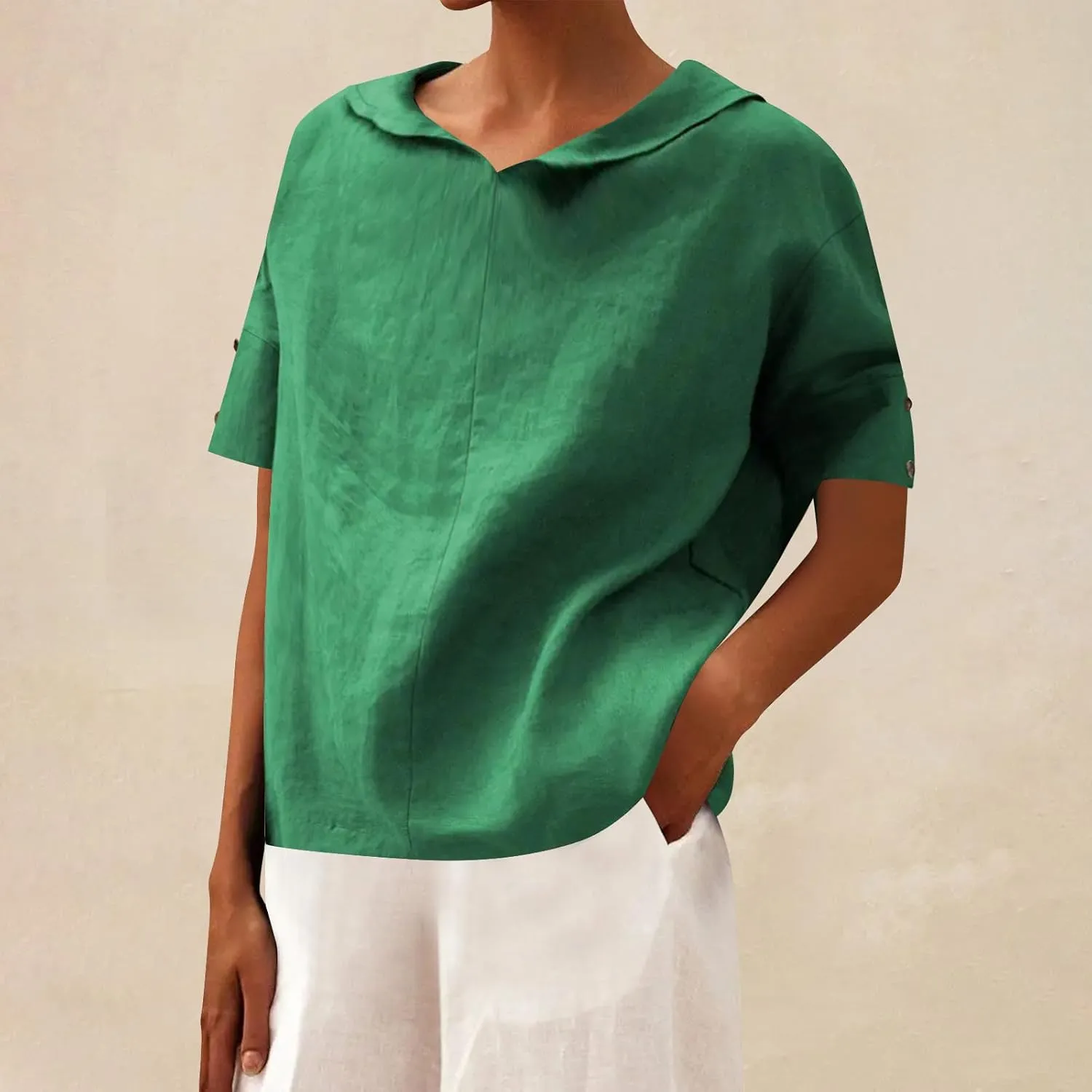 Cute Sailor Collar Cotton Linen T-Shirt Women Button Trim Short Sleeve Casual Tee Tops Summer Lightweight Loose Fit Work Tees