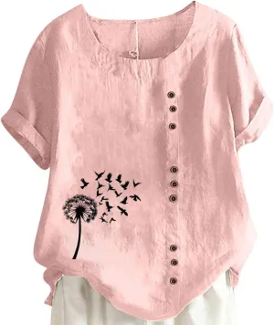 Dandelion Inspiration Shirts for Women Summer Blouses Short Sleeve Button Tops Crewneck T Shirt Vintage Graphic Tees