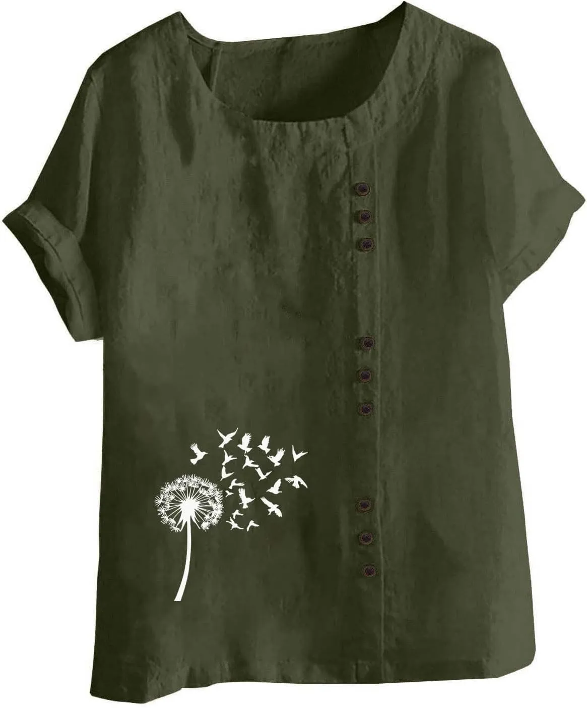 Dandelion Inspiration Shirts for Women Summer Blouses Short Sleeve Button Tops Crewneck T Shirt Vintage Graphic Tees