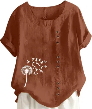 Dandelion Inspiration Shirts for Women Summer Blouses Short Sleeve Button Tops Crewneck T Shirt Vintage Graphic Tees