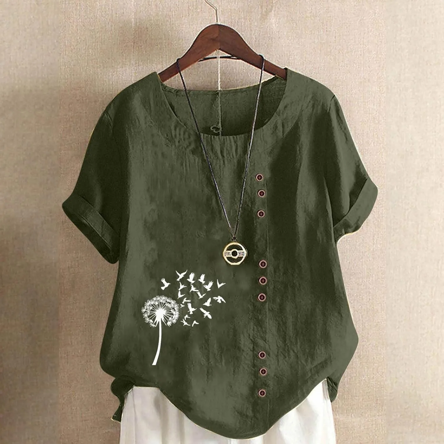 Dandelion Inspiration Shirts for Women Summer Blouses Short Sleeve Button Tops Crewneck T Shirt Vintage Graphic Tees