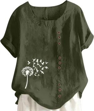 Dandelion Inspiration Shirts for Women Summer Blouses Short Sleeve Button Tops Crewneck T Shirt Vintage Graphic Tees