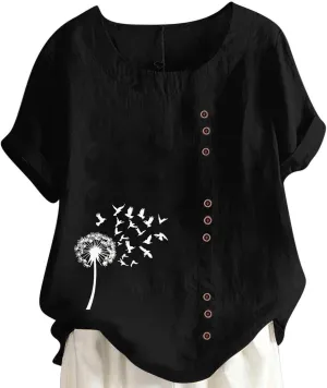 Dandelion Inspiration Shirts for Women Summer Blouses Short Sleeve Button Tops Crewneck T Shirt Vintage Graphic Tees