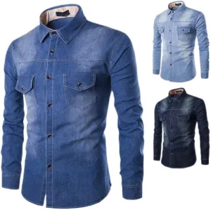 Denim Shirts for Men Long Sleeve Vintage Slim Fit Button Down Shirts Casual Washed Cotton Western Jean Work Shirts Pockets