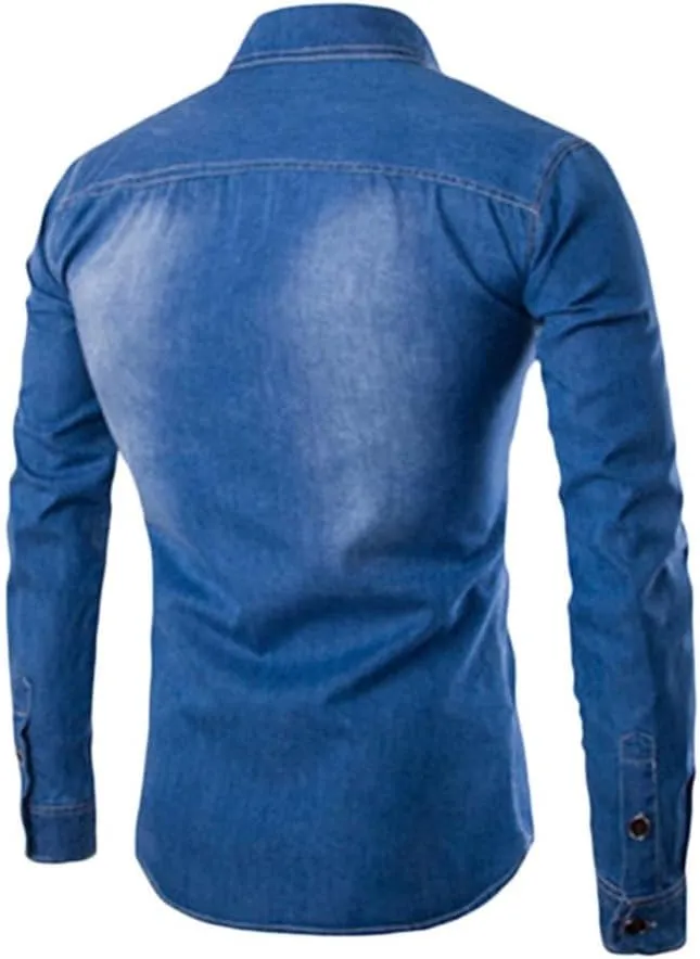 Denim Shirts for Men Long Sleeve Vintage Slim Fit Button Down Shirts Casual Washed Cotton Western Jean Work Shirts Pockets