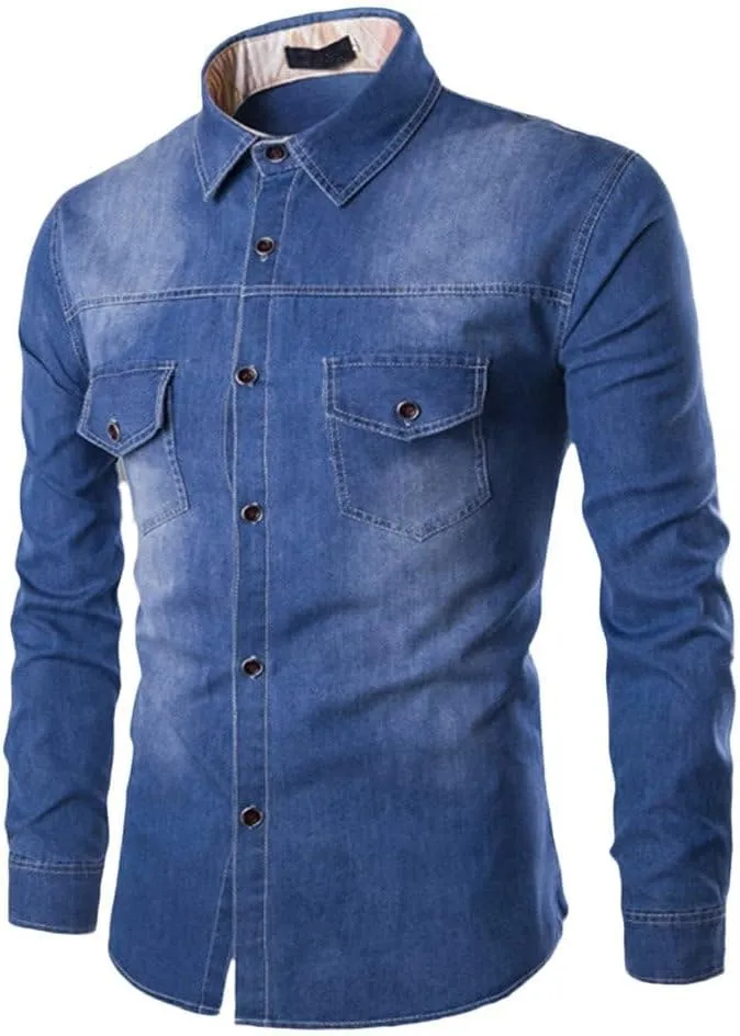 Denim Shirts for Men Long Sleeve Vintage Slim Fit Button Down Shirts Casual Washed Cotton Western Jean Work Shirts Pockets