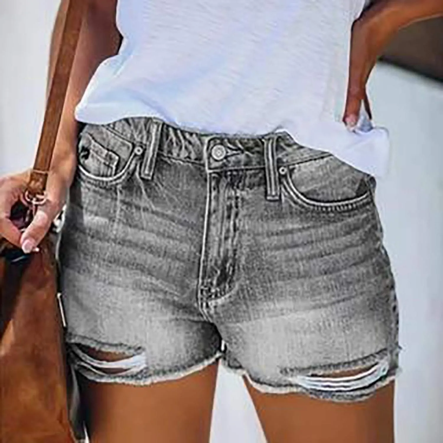 Denim Shorts for Teen Girls Fashionable High Waisted Stretchy Mom Jean Shorts Solid Frayed Hem Hot Short Pants