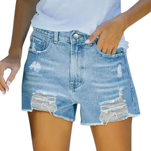 Denim Shorts Women Stretchy High Waisted Plain Color Fashionable Mom Shorts Jeans with Pockets Fray Hem Hot Short Pants Summer Shorts for Women