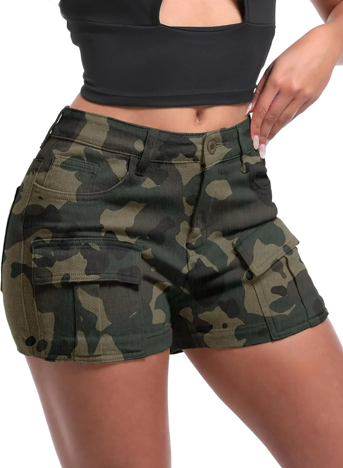 ELLEVEN High-Stretch Women's Cargo Jean Shorts, Trendy High-Waisted Cotton Denim Shorts with Pockets, Y2K Mini Denim Shorts