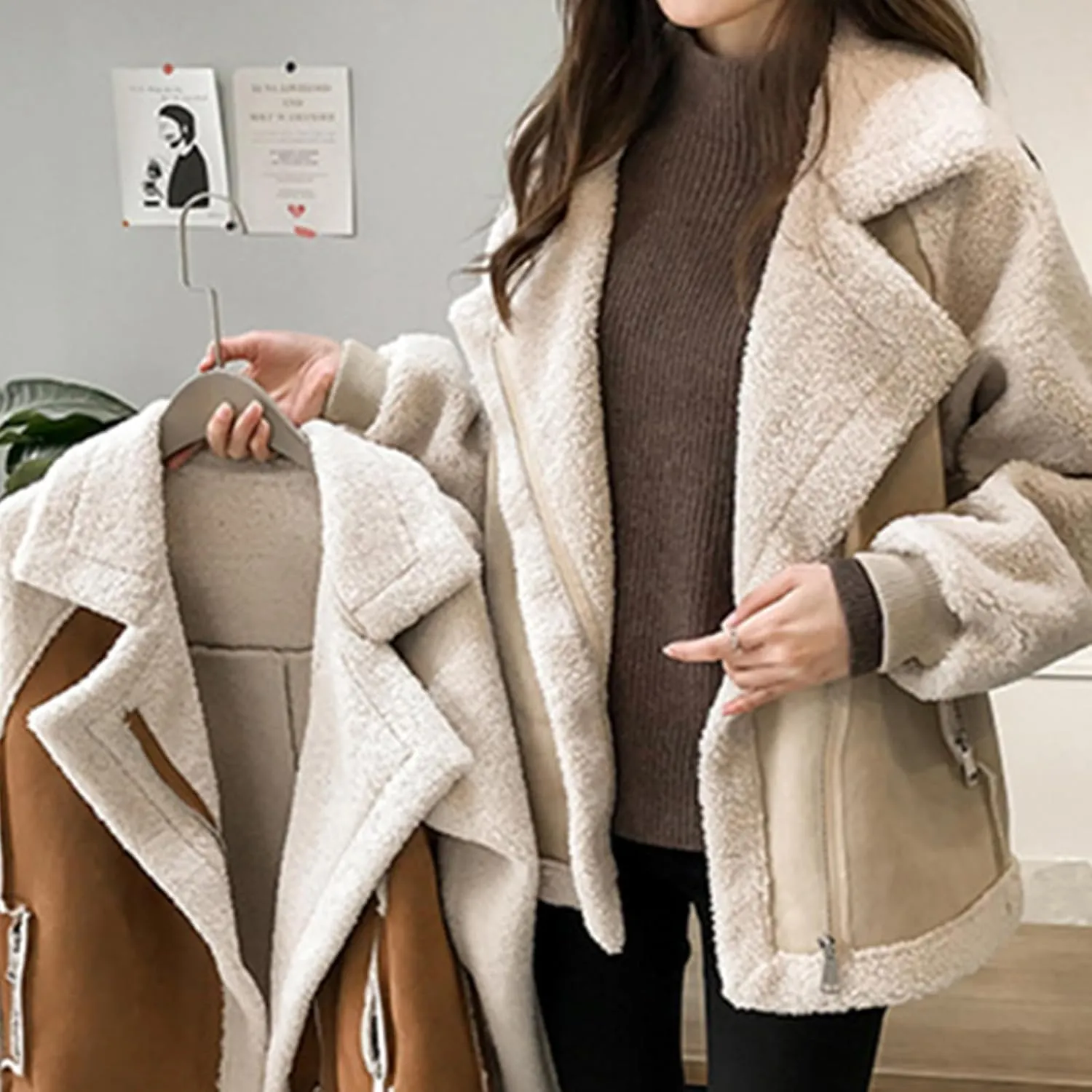Faux Suede Leather Jacket for Women Warm Lambswool Fleece Zip Up Lapel Collar Jackets Fashion Pockets Moto Biker Coat