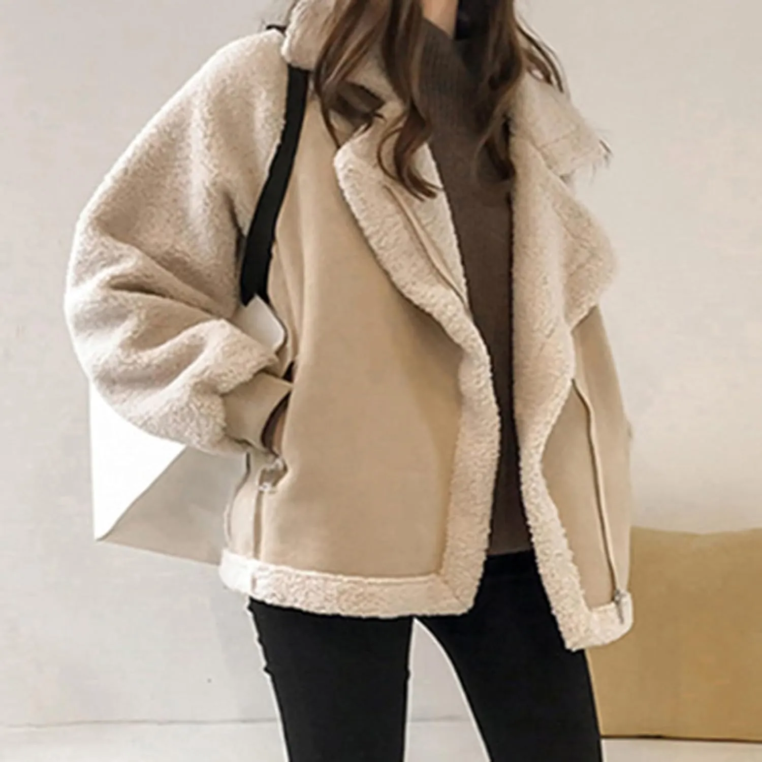 Faux Suede Leather Jacket for Women Warm Lambswool Fleece Zip Up Lapel Collar Jackets Fashion Pockets Moto Biker Coat