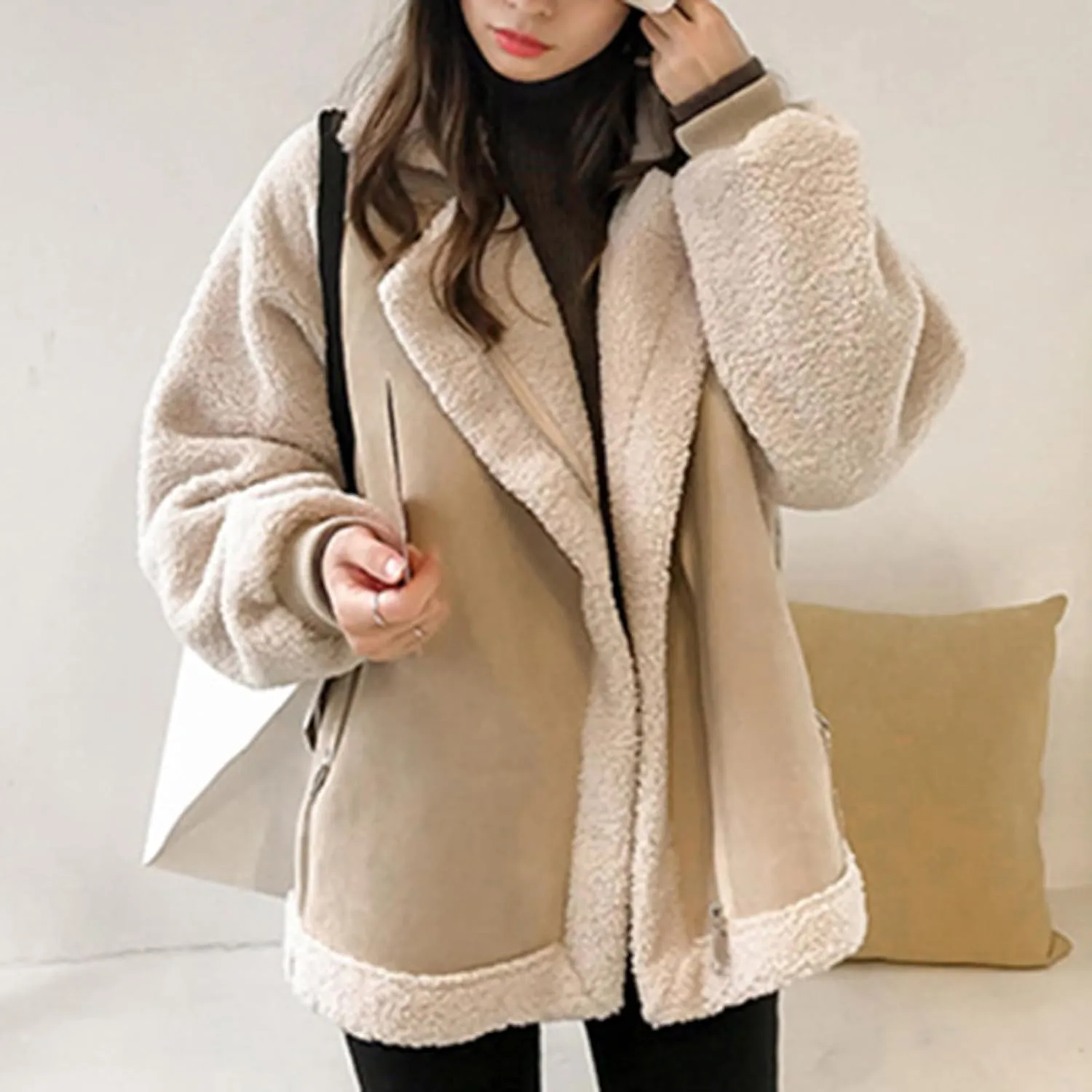 Faux Suede Leather Jacket for Women Warm Lambswool Fleece Zip Up Lapel Collar Jackets Fashion Pockets Moto Biker Coat