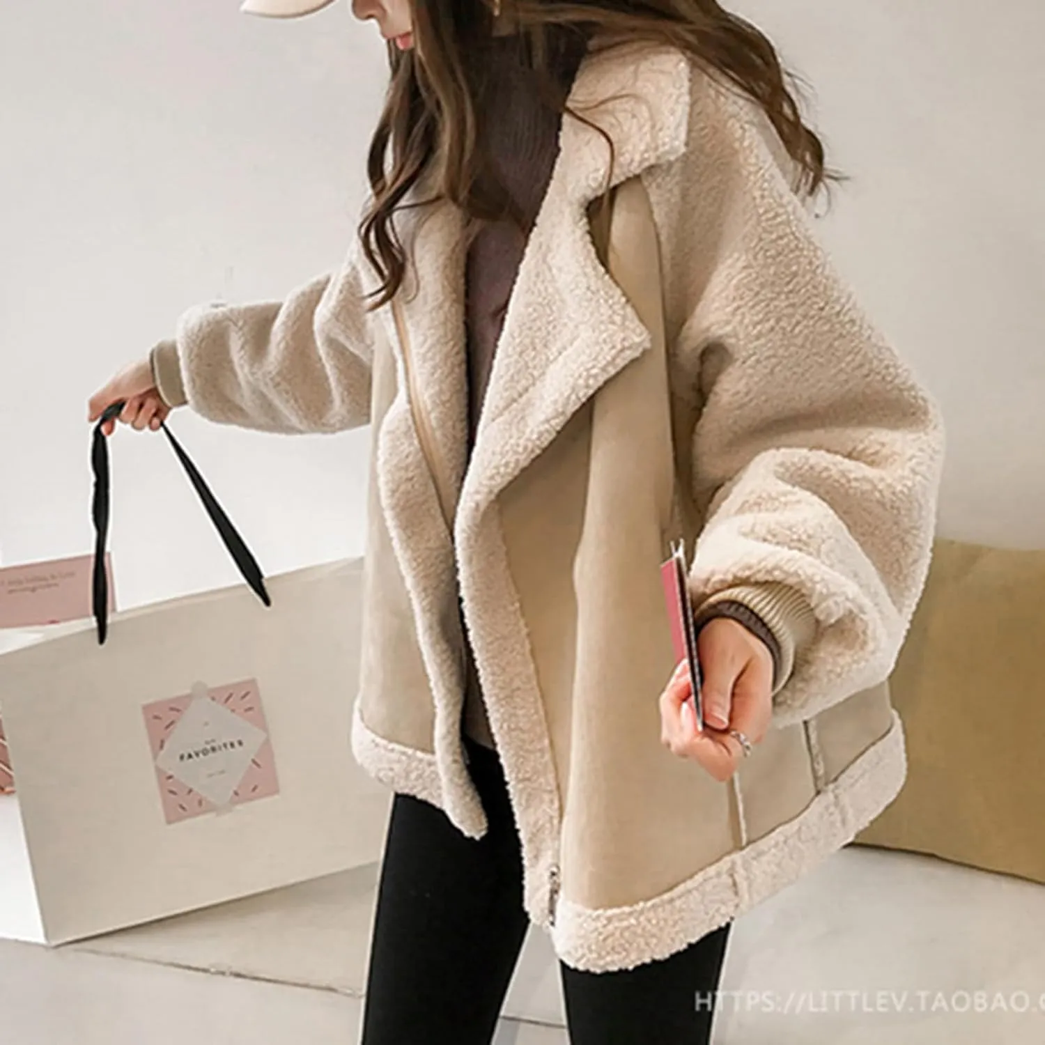 Faux Suede Leather Jacket for Women Warm Lambswool Fleece Zip Up Lapel Collar Jackets Fashion Pockets Moto Biker Coat