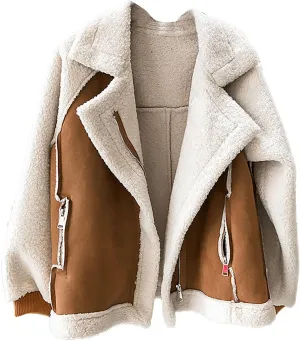 Faux Suede Leather Jacket for Women Warm Lambswool Fleece Zip Up Lapel Collar Jackets Fashion Pockets Moto Biker Coat