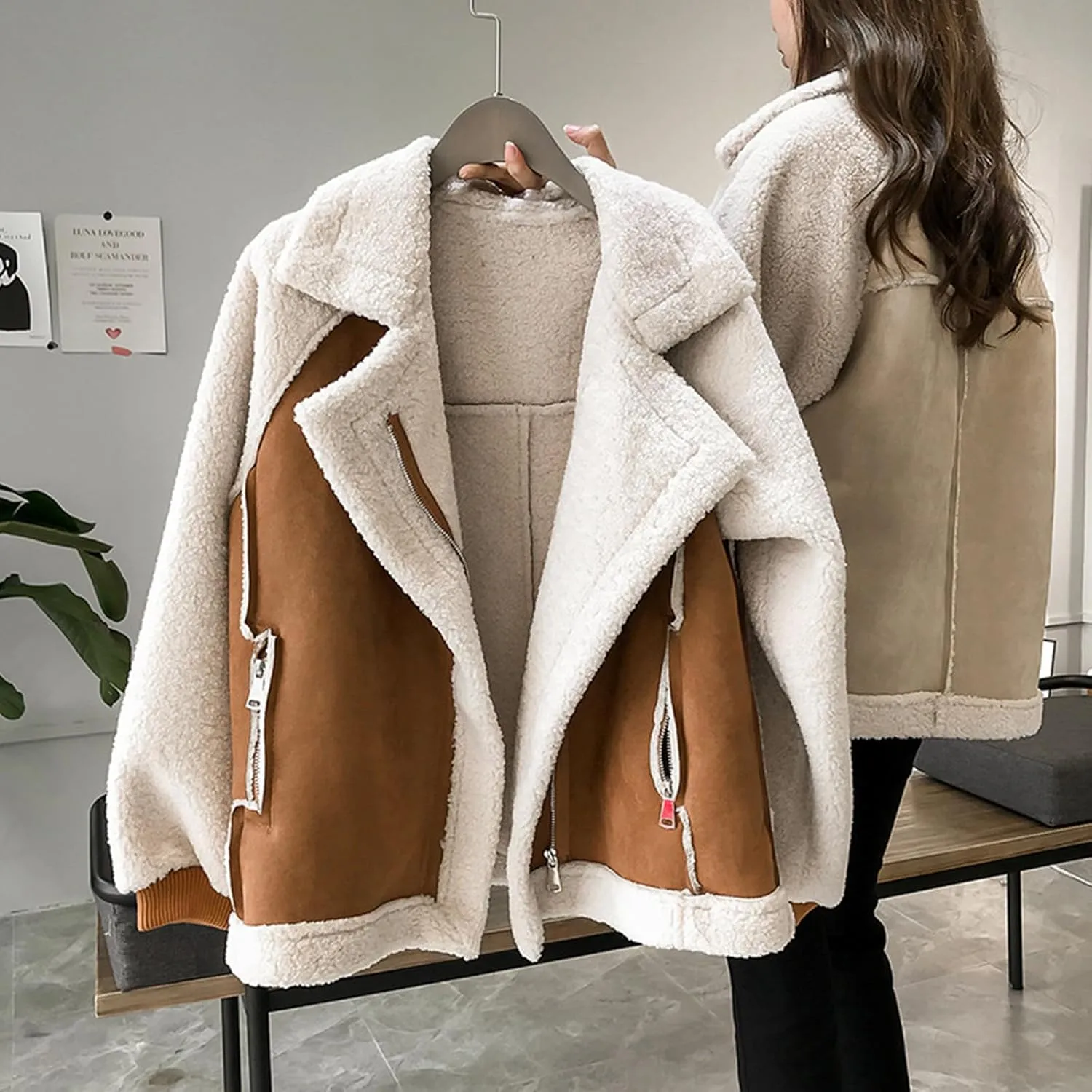 Faux Suede Leather Jacket for Women Warm Lambswool Fleece Zip Up Lapel Collar Jackets Fashion Pockets Moto Biker Coat