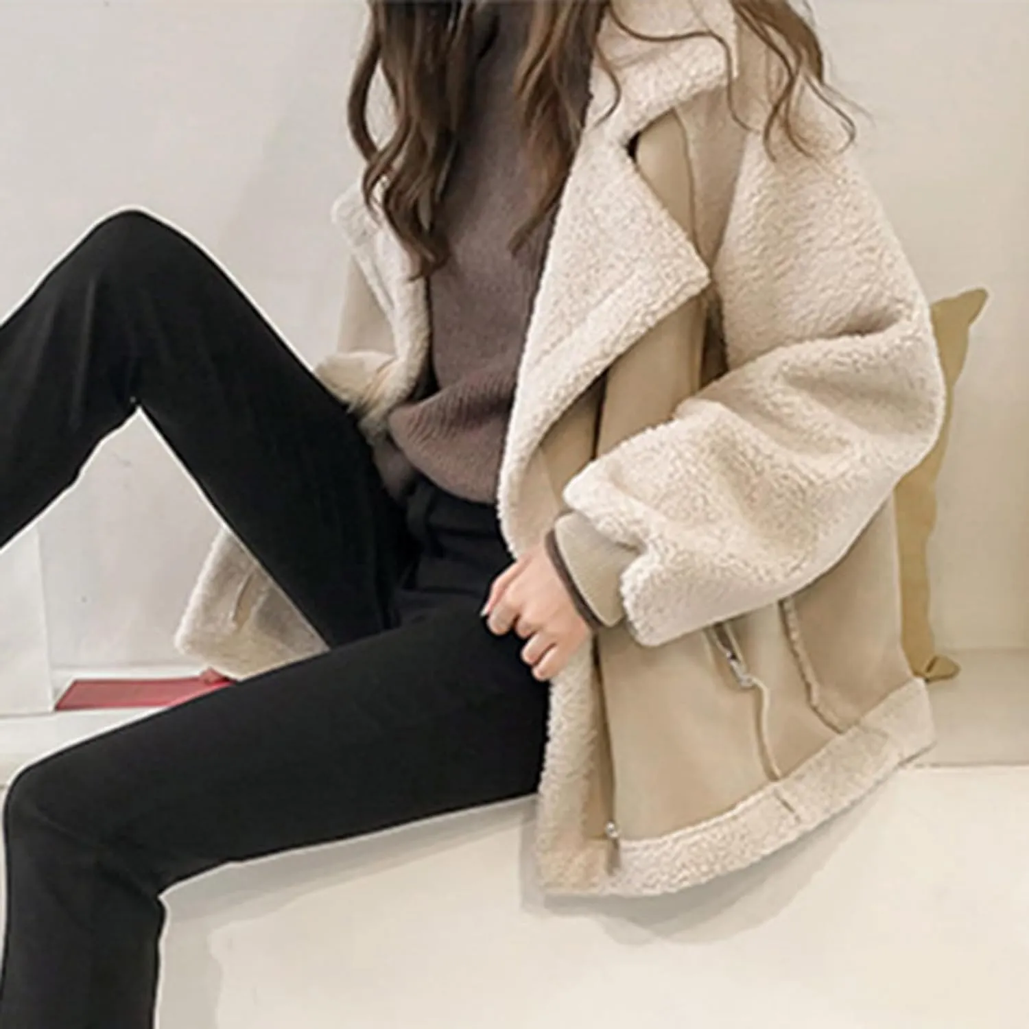 Faux Suede Leather Jacket for Women Warm Lambswool Fleece Zip Up Lapel Collar Jackets Fashion Pockets Moto Biker Coat