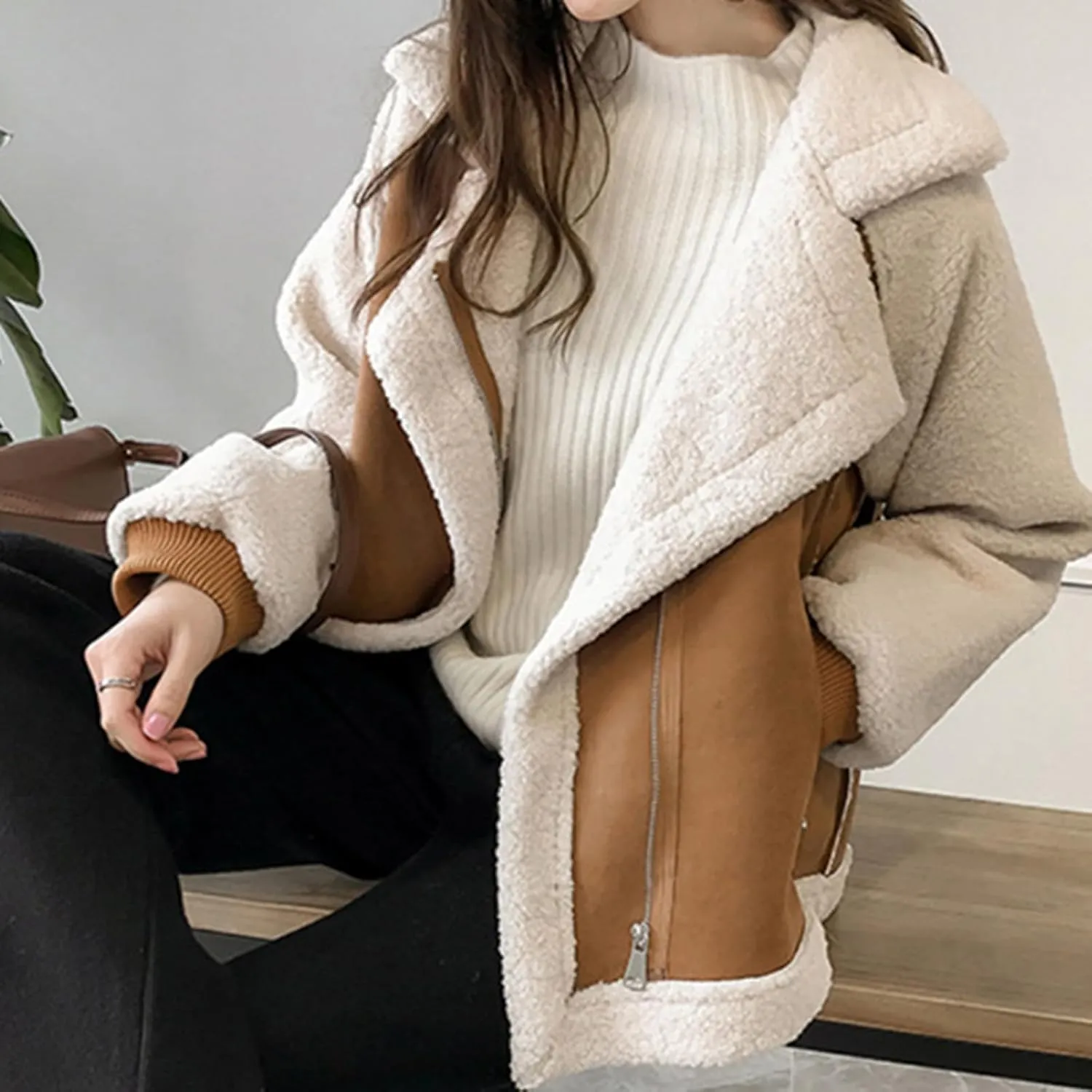 Faux Suede Leather Jacket for Women Warm Lambswool Fleece Zip Up Lapel Collar Jackets Fashion Pockets Moto Biker Coat