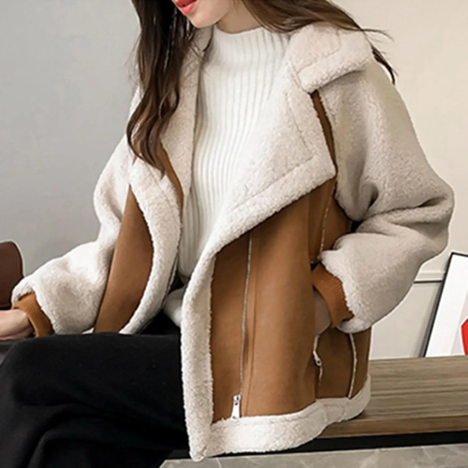 Faux Suede Leather Jacket for Women Warm Lambswool Fleece Zip Up Lapel Collar Jackets Fashion Pockets Moto Biker Coat