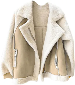 Faux Suede Leather Jacket for Women Warm Lambswool Fleece Zip Up Lapel Collar Jackets Fashion Pockets Moto Biker Coat