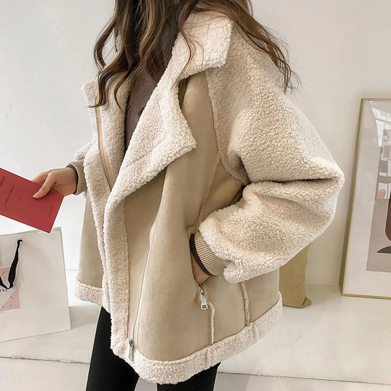Faux Suede Leather Jacket for Women Warm Lambswool Fleece Zip Up Lapel Collar Jackets Fashion Pockets Moto Biker Coat